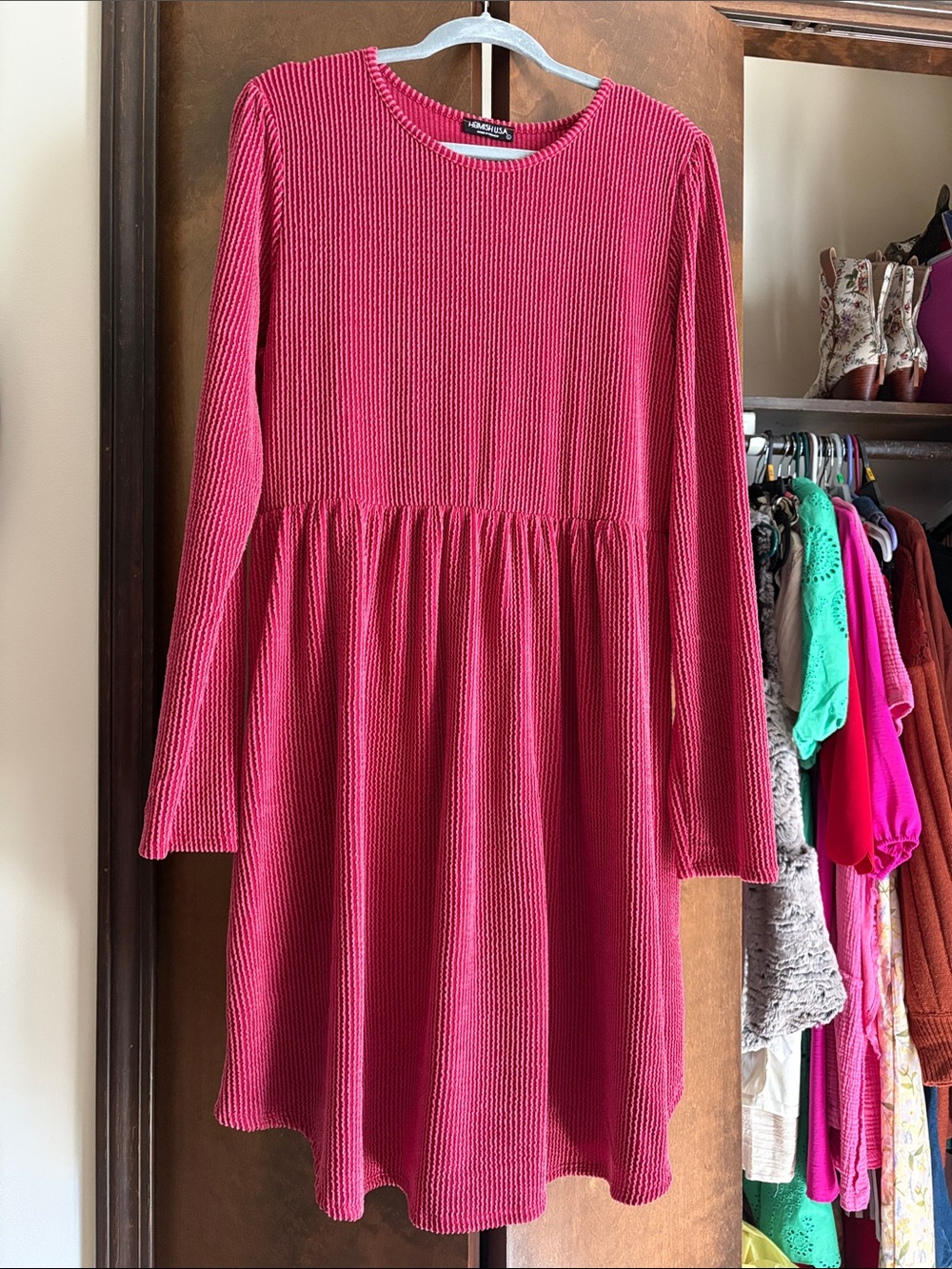 HEIMISH USA Ribbed Knit Long Sleeve Dress - Hot Pink